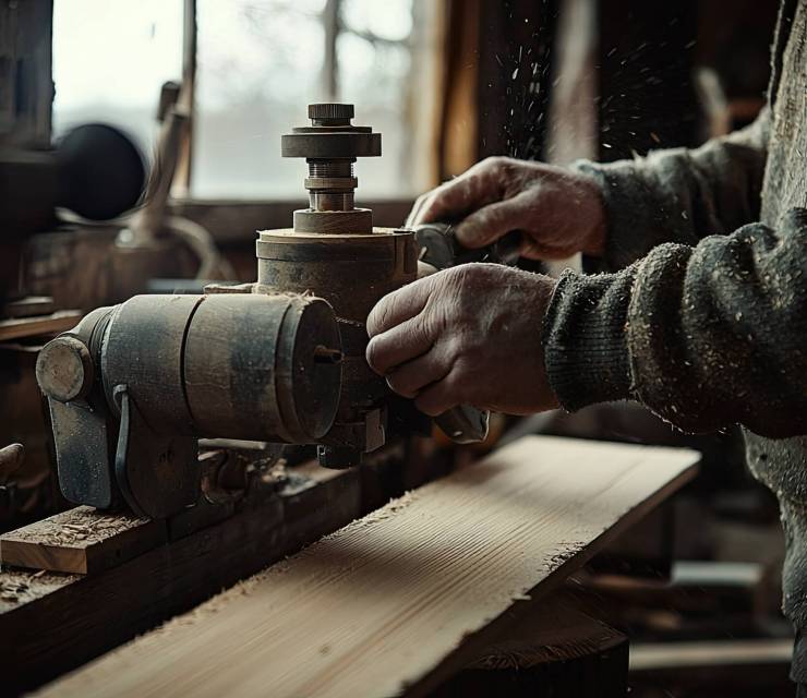 A close-up of a craftsman hands firmly gripping a power sander, shaping a wooden plank with precision in a rustic workshop. A close-up of a craftsman hands firmly gripping a power sander, shaping a wooden plank with precision in a rustic workshop.
