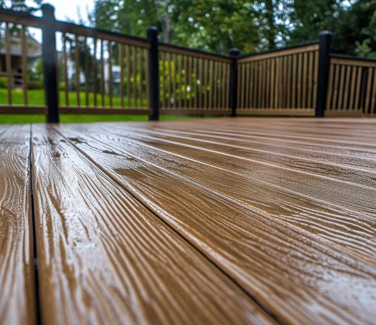 A Freshly installed wooden deck with rain droplets glistening on surface, showcasing rich brown color and textured grain. surrounding greenery adds serene atmosphere